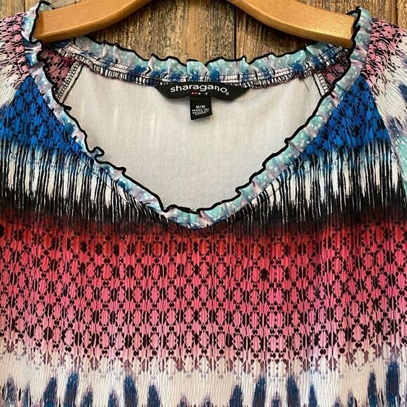 Sharagano M Blue Orange Smocked Stretch Wide Stripe Long Sleeve Dress - Picture 3 of 11